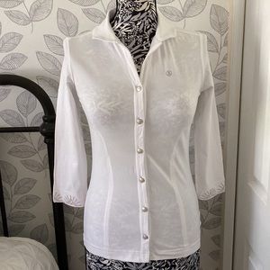 Women’s 3/4 sleeve button front polo with Swarovski crystals and embroid…